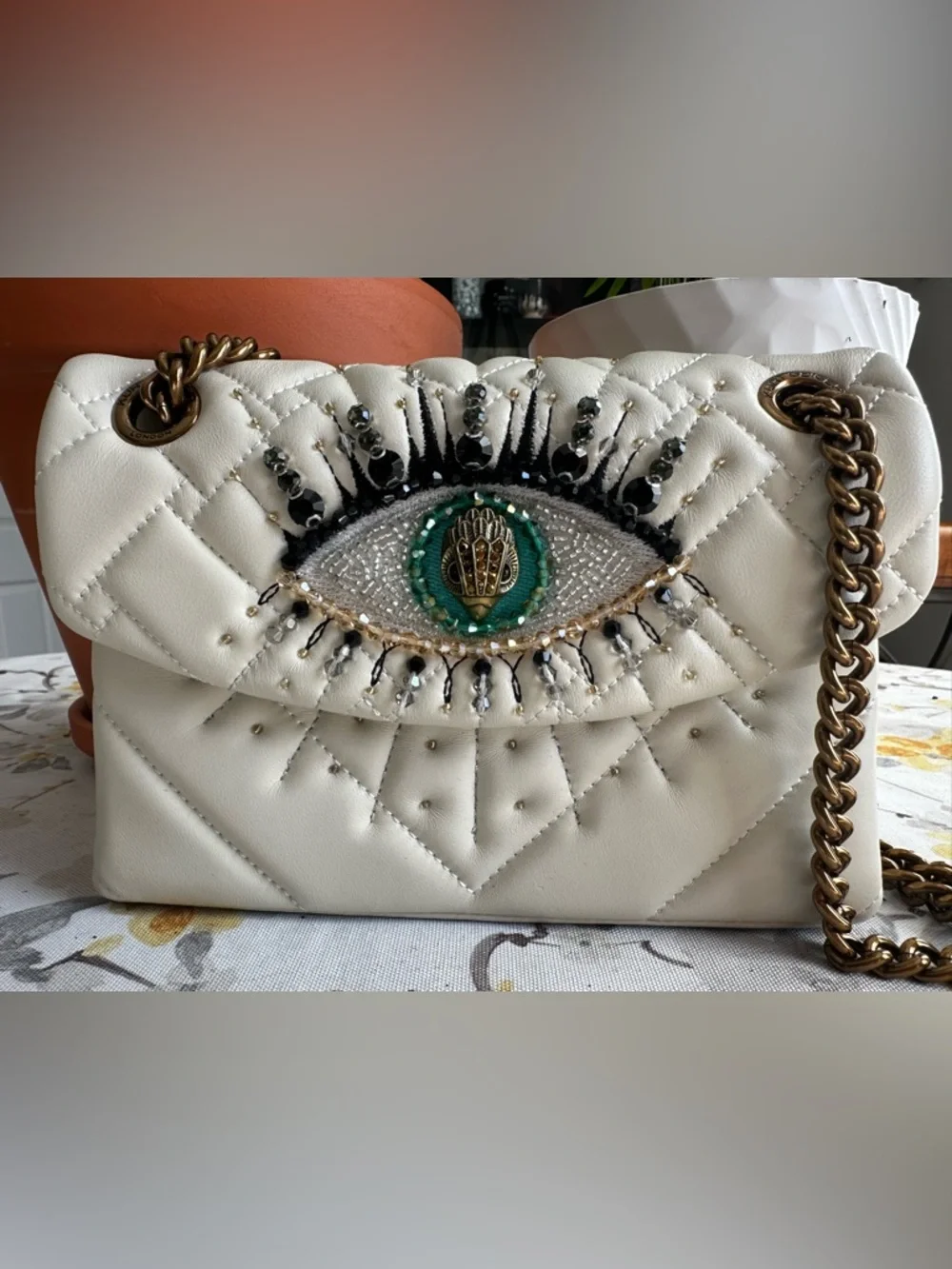 Kurt Geiger White Quilted Beaded Eye Shoulder Bag - Picture 1 of 14